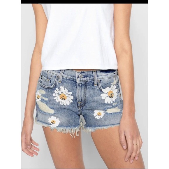 7 For All Mankind Pants - 7 For‎ All Mankind Destroy & Daisies Frayed Cutoff Denim Shorts Sz 28 Boho Y2K